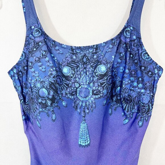 Gottex Purple Jewel Print One Piece Swimsuit & Matching Sarong - Size US 10 - Picture 5 of 8
